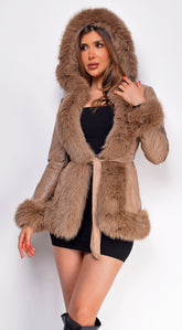 Sasha Taupe Brown PU Leather Faux Fur Trim Coat